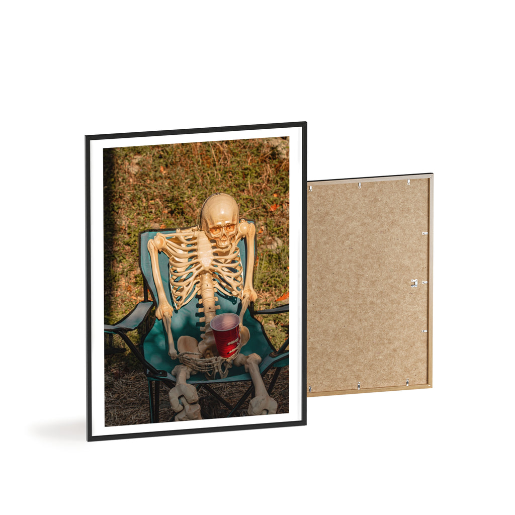 Skeleton Relaxing Poster with Wooden Frame — Funny Halloween Wall Art