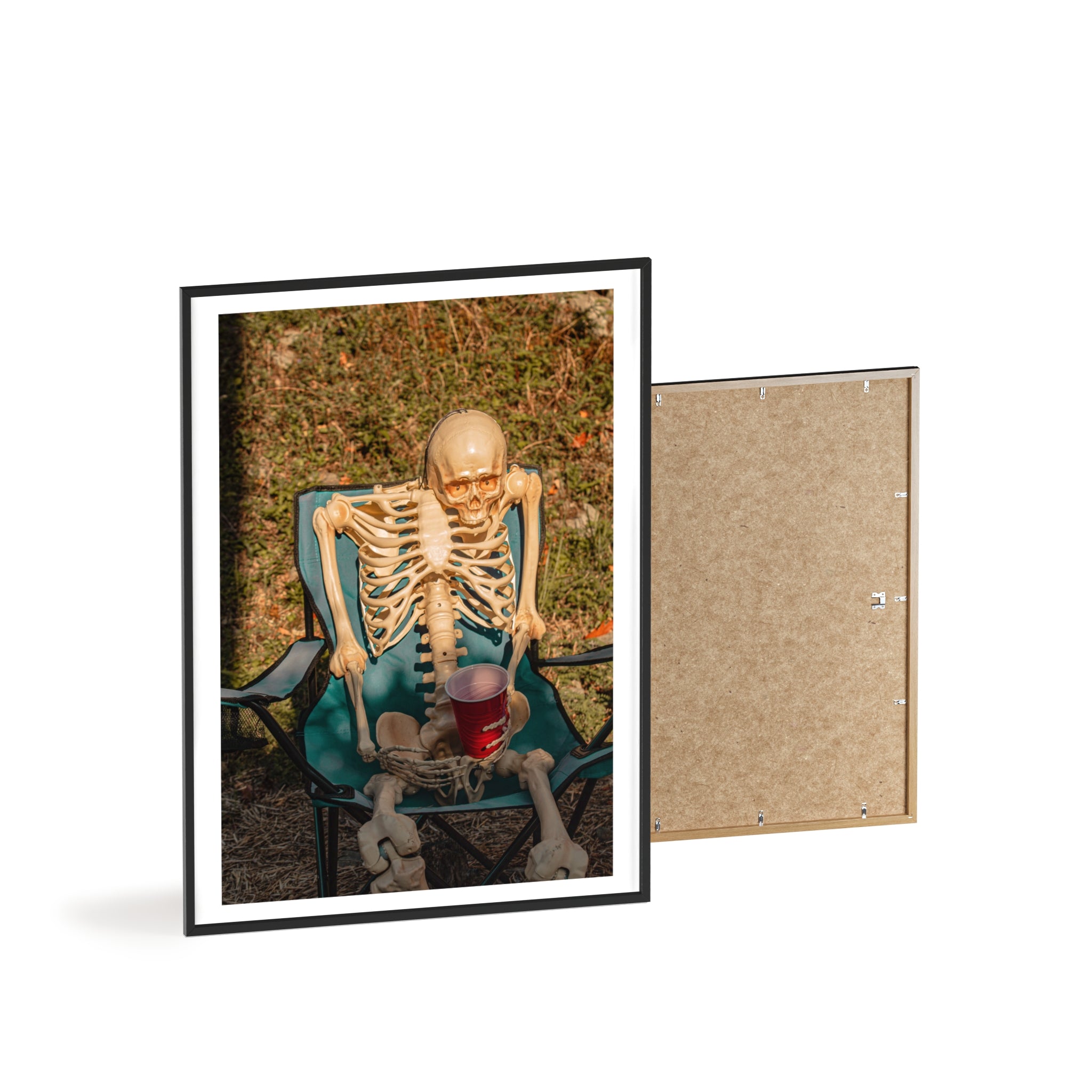 Skeleton Relaxing Poster with Wooden Frame — Funny Halloween Wall Art