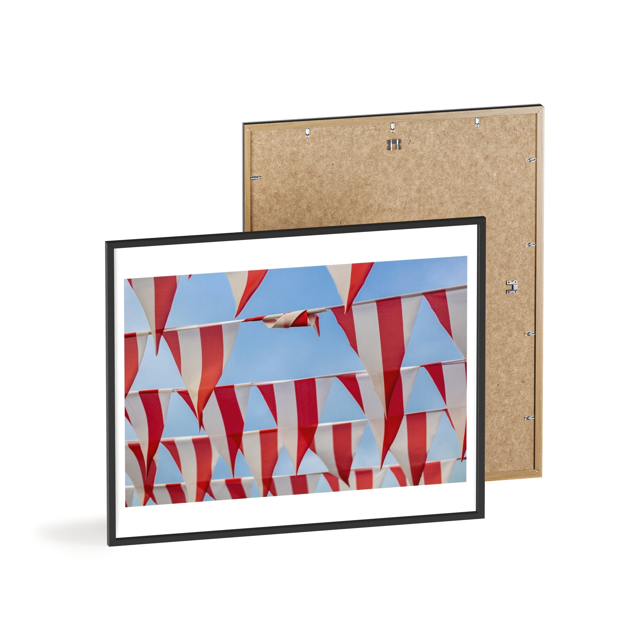 Red and White Festival Bunting Photo Poster with Wooden Frame — Coastal Nautical Wall Art