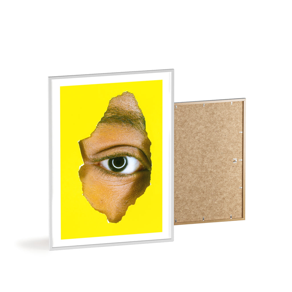 Surreal Eye Print Poster with Wooden Frame — Bold Yellow Wall Art