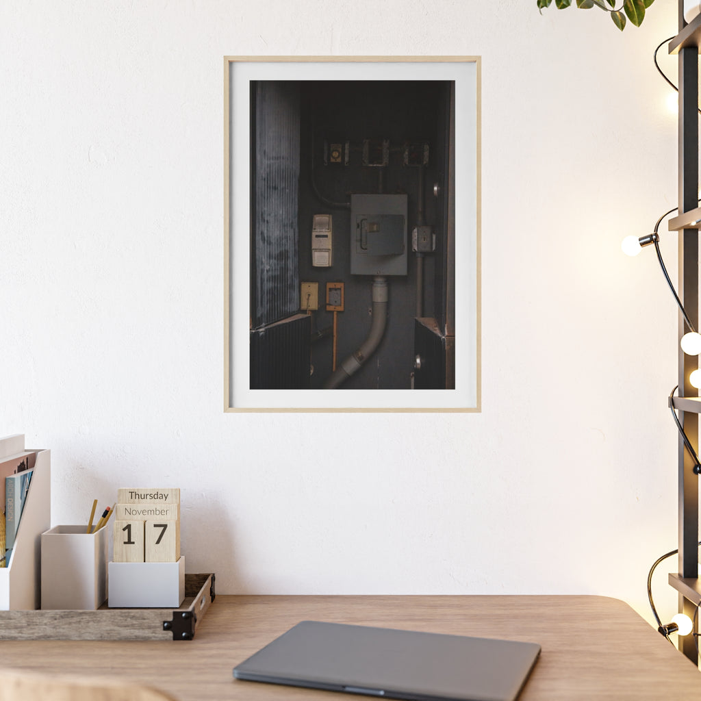 Industrial Electrical Box Poster with Wooden Frame — Urban Utility Wall Art