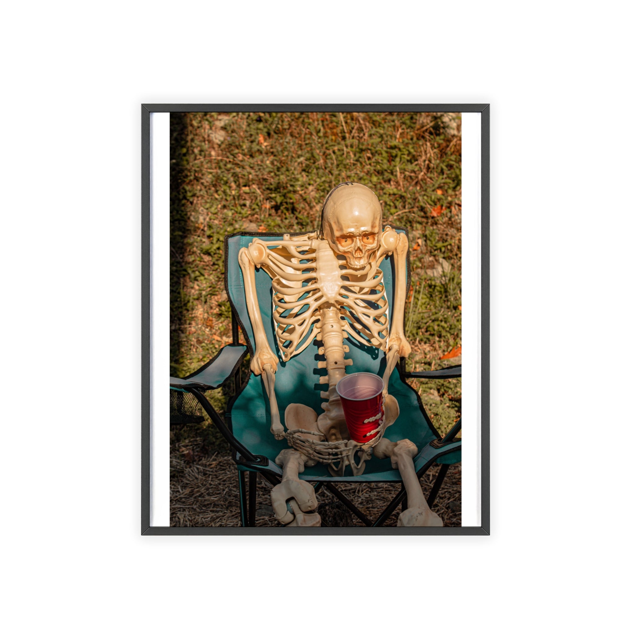 Skeleton Relaxing Poster with Wooden Frame — Funny Halloween Wall Art