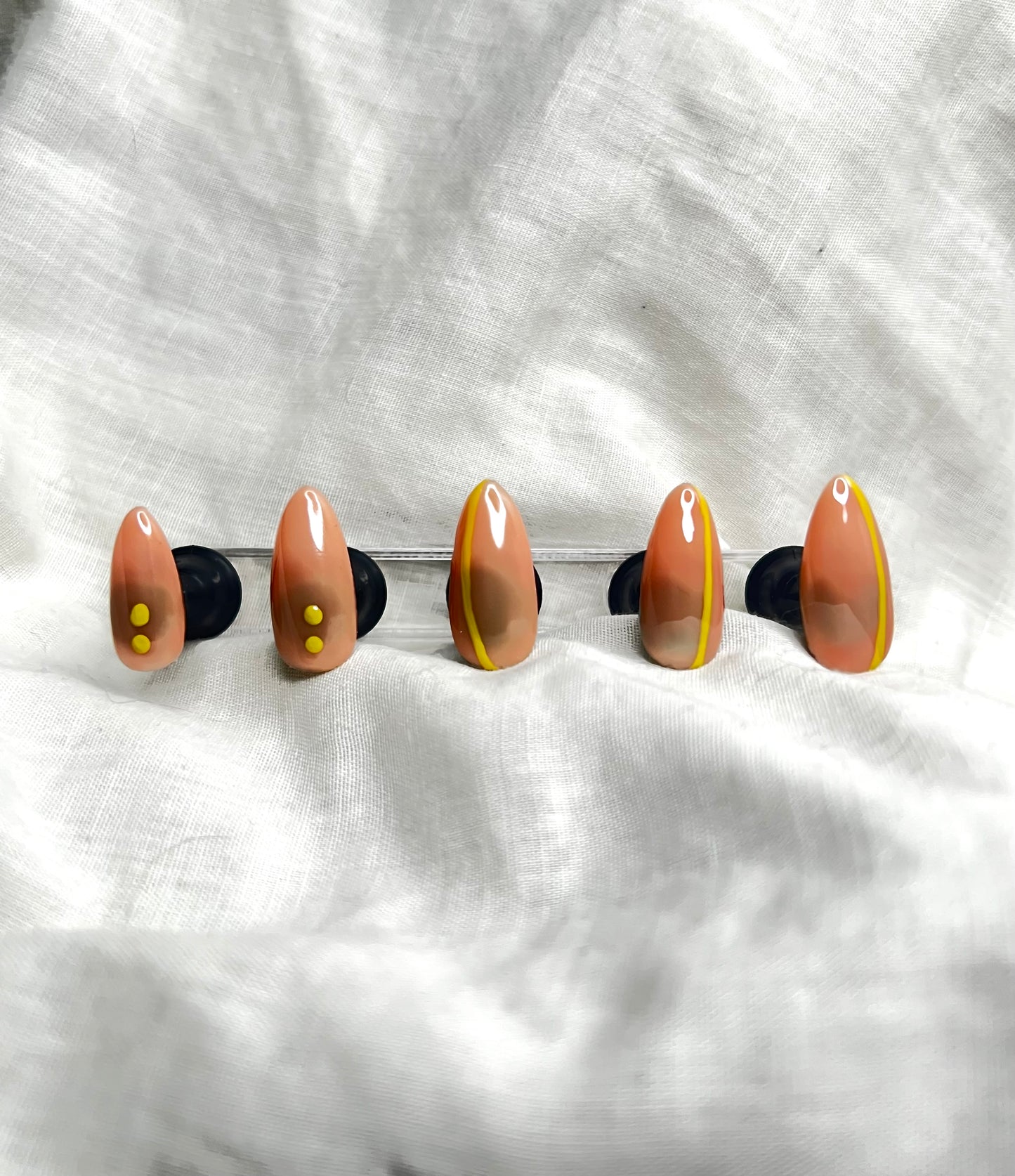 Nude and yellow handmade press on nails, almond shape